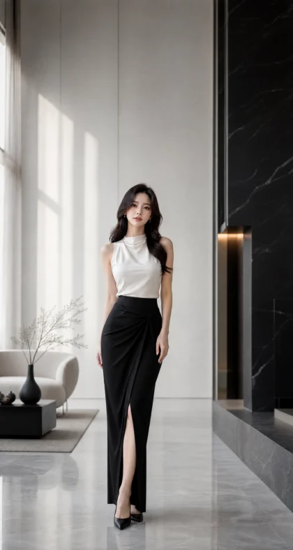 白衣黑裙气质美女平板壁纸