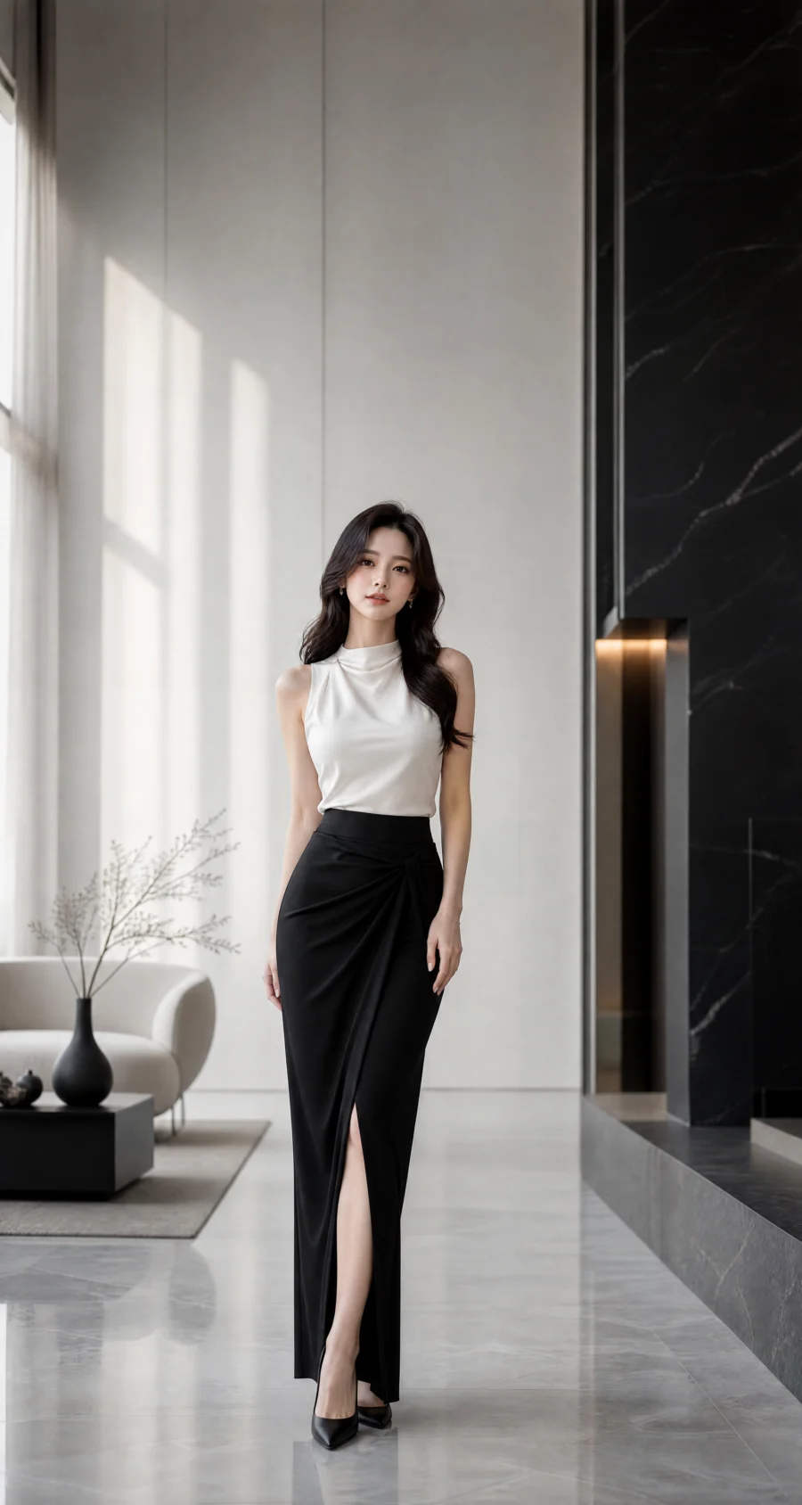 白衣黑裙气质美女平板壁纸