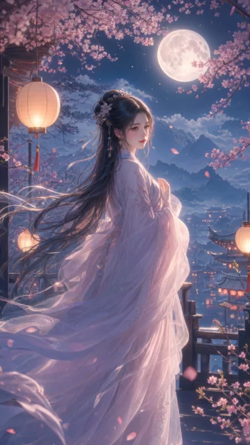 月下桃花古风动漫手机壁纸