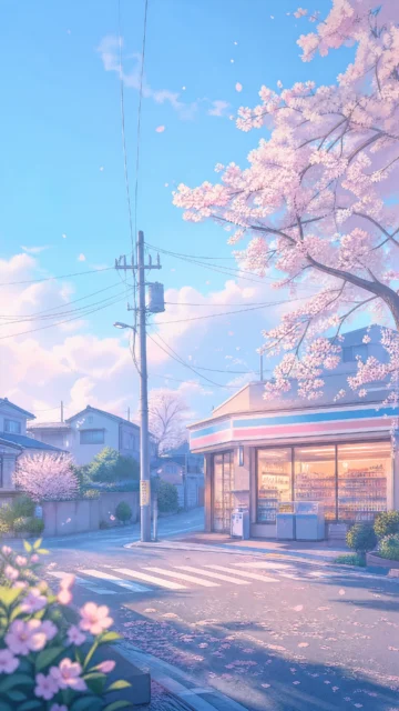清晨樱花街角日系插画手机壁纸
