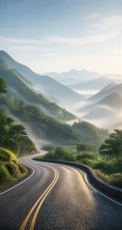 晨雾山路弯道平板壁纸