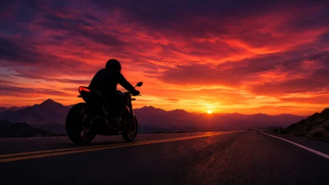 夕阳公路摩托剪影桌面壁纸