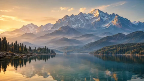 晨雾雪山湖景桌面壁纸
