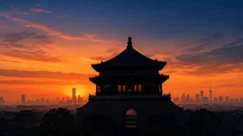 暮色中的钟鼓楼剪影桌面壁纸