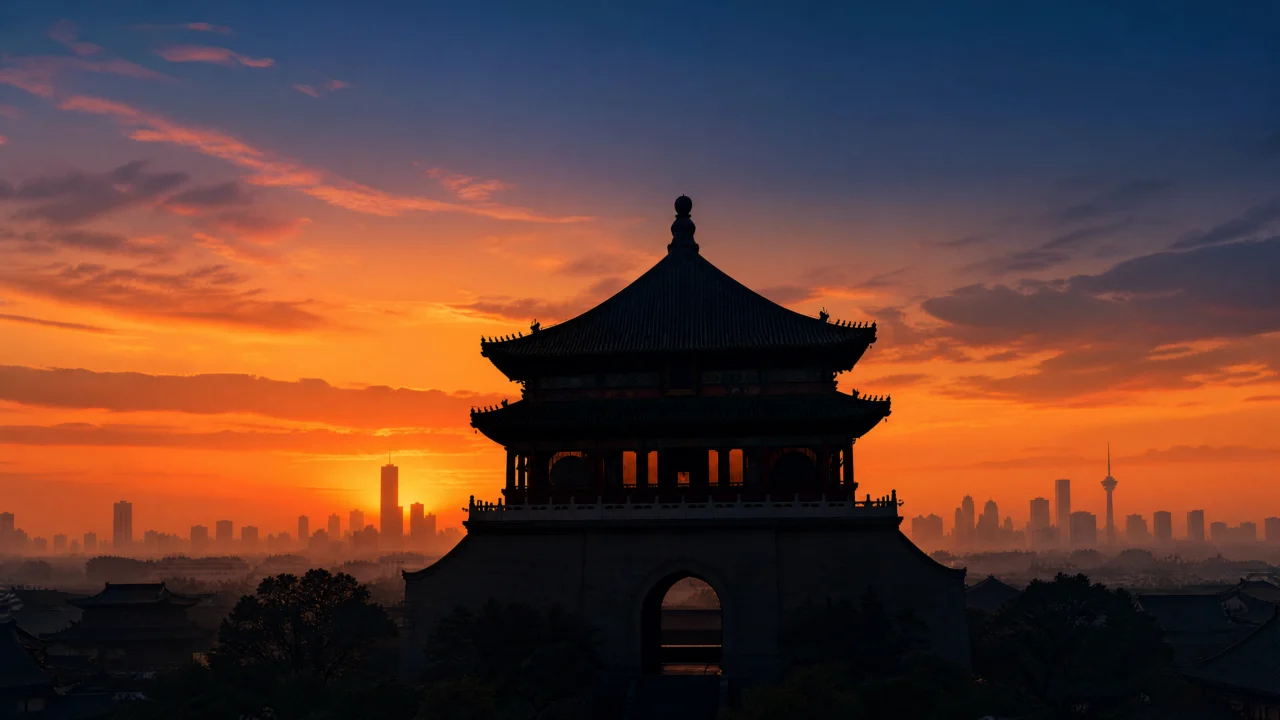 暮色中的钟鼓楼剪影桌面壁纸