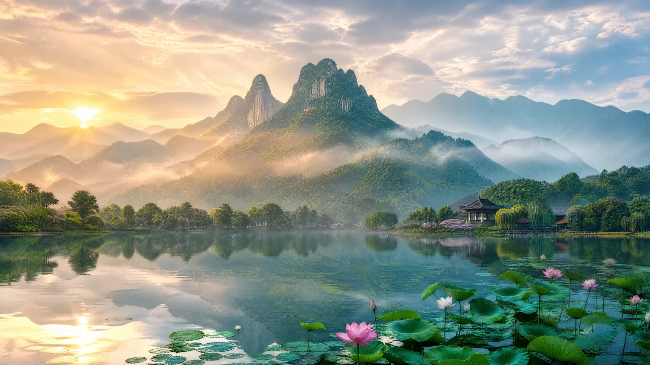 晨雾中的莲花山桌面壁纸