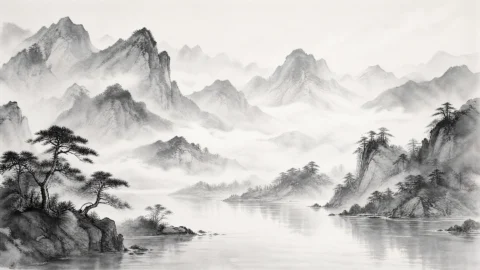 水墨山水云雾远峰桌面壁纸