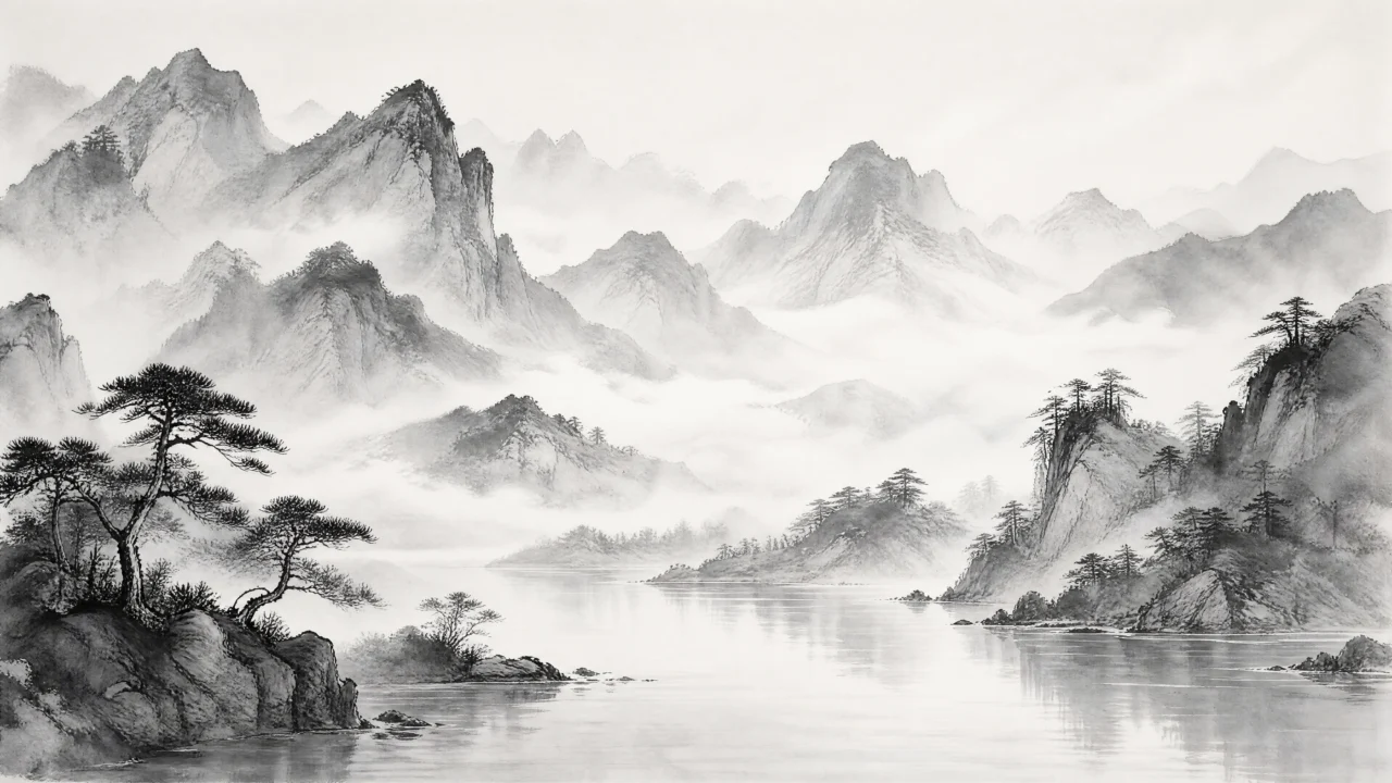 水墨山水云雾远峰桌面壁纸