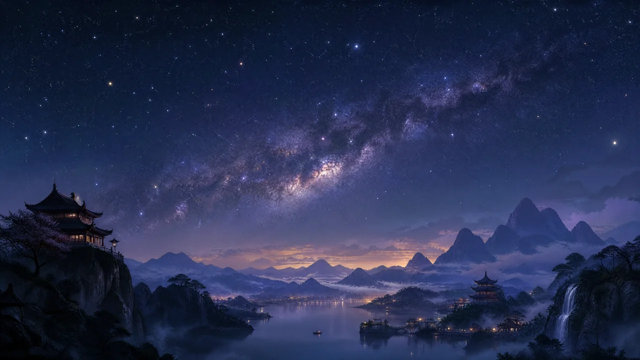 东方星空下的静谧山河