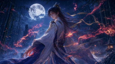 东方月初月下灵火桌面壁纸