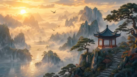 东方系列山水晨光桌面壁纸