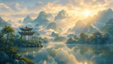 东方系列山水晨曦桌面壁纸