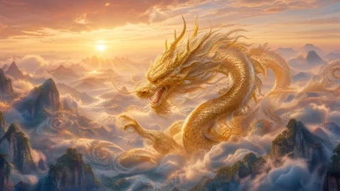 云海晨曦中的东方龙桌面壁纸
