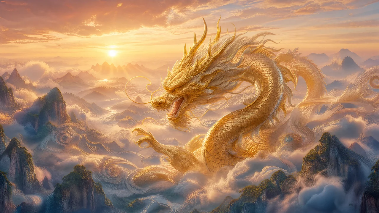 云海晨曦中的东方龙桌面壁纸