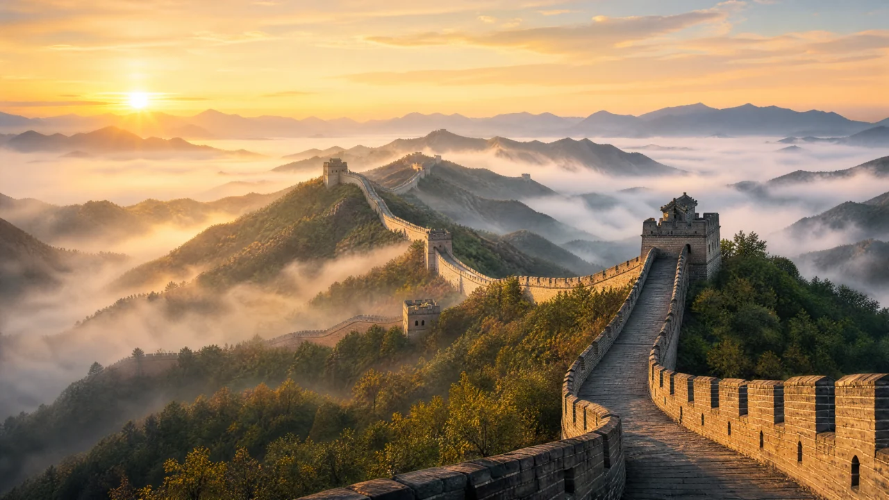 晨光中的长城壮丽桌面壁纸