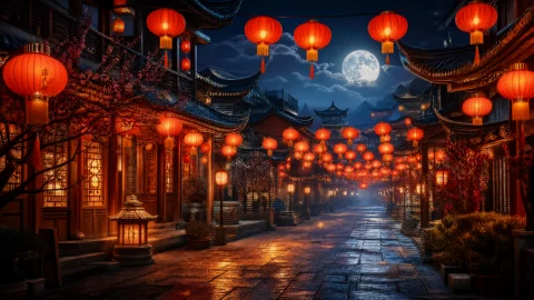 红灯笼映照的东方夜色