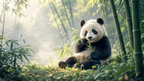 清晨竹林熊猫桌面壁纸