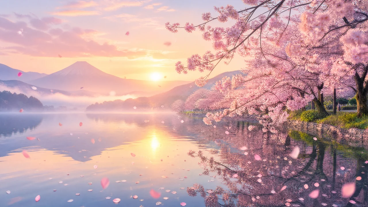 樱花湖畔晨曦桌面壁纸