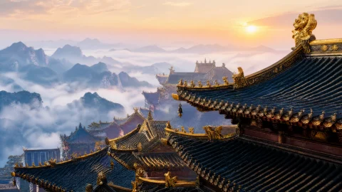 晨雾中的寺庙屋顶桌面壁纸