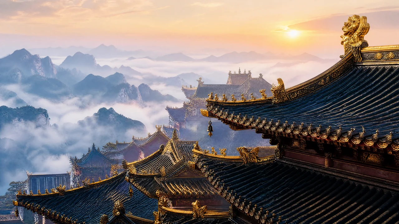 晨雾中的寺庙屋顶桌面壁纸