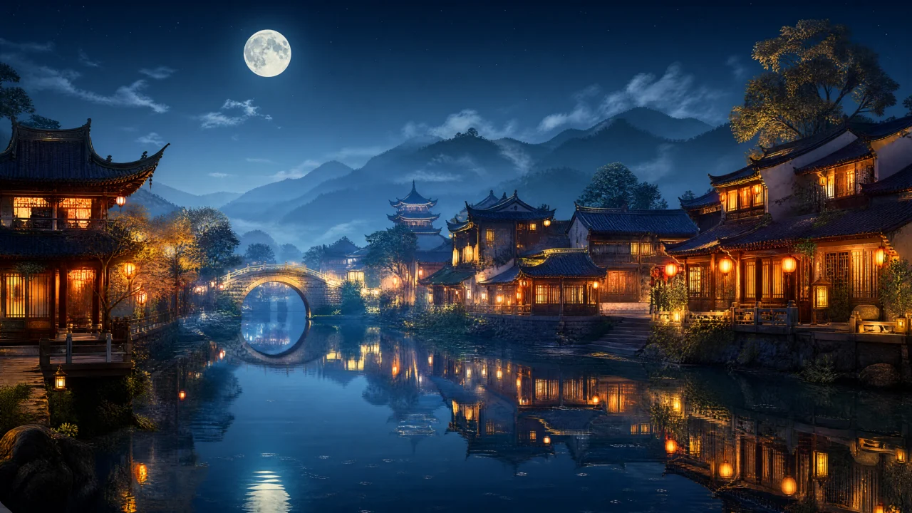 中国风古城水岸夜景桌面壁纸