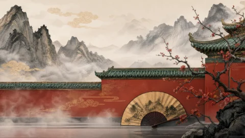 中国风元素雅致山水桌面壁纸
