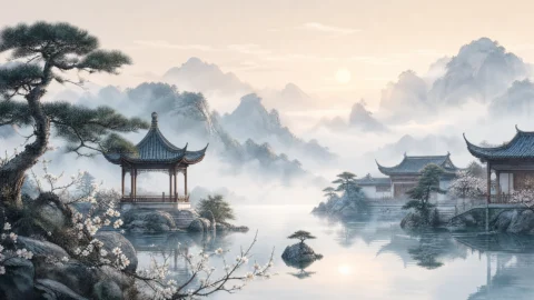 中国风山水亭台桌面壁纸
