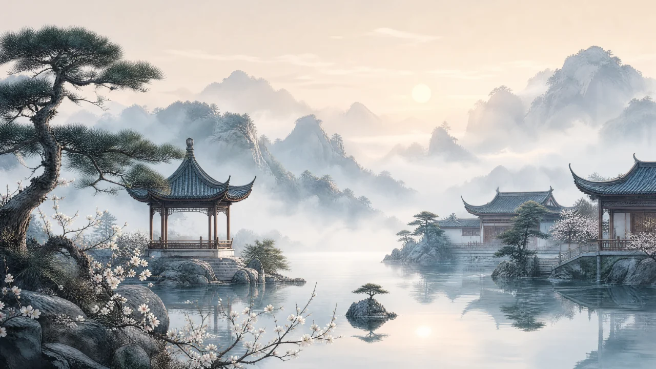 中国风山水亭台桌面壁纸