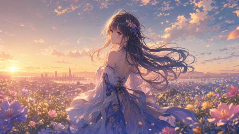 黄昏花海中的动漫少女桌面壁纸