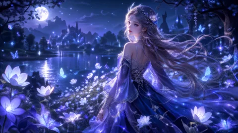 月光森林中的幻想少女桌面壁纸