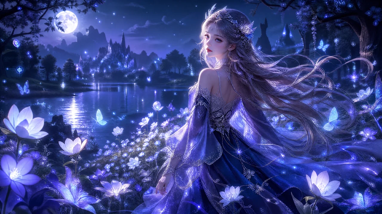 月光森林中的幻想少女桌面壁纸