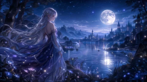 月光森林中的奇幻少女桌面壁纸