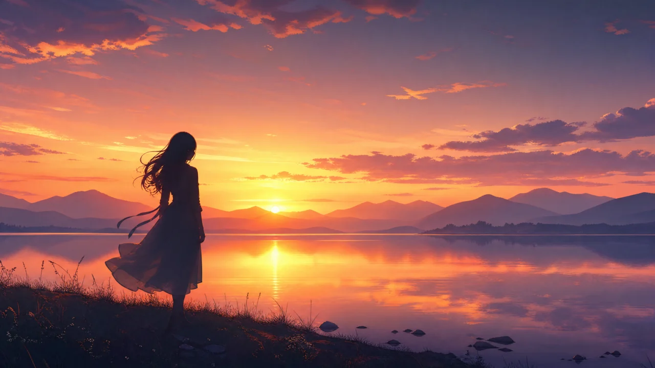 夕阳湖畔少女剪影桌面壁纸