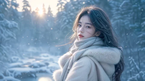 冬日雪境少女桌面壁纸