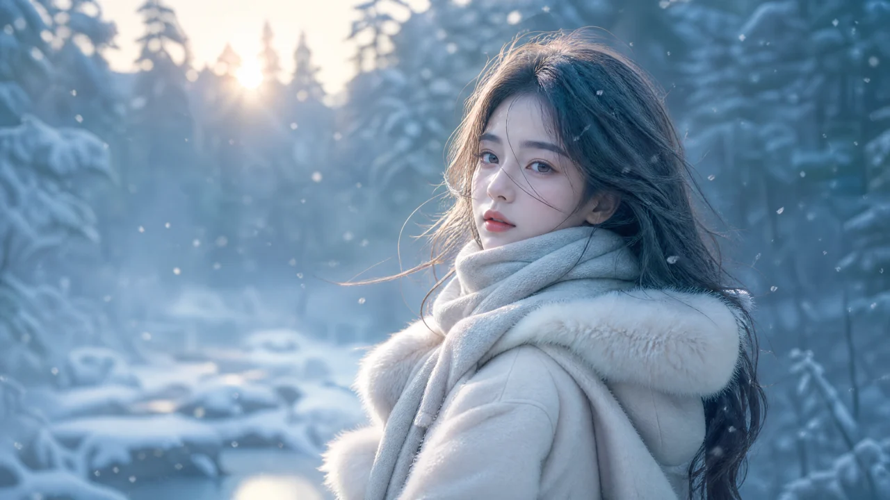 冬日雪境少女桌面壁纸
