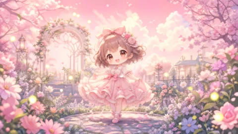 梦幻花园里的Q版女孩桌面壁纸