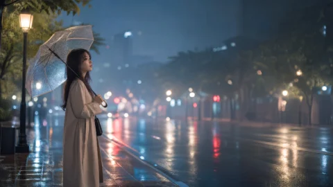 雨夜撑伞女孩桌面壁纸