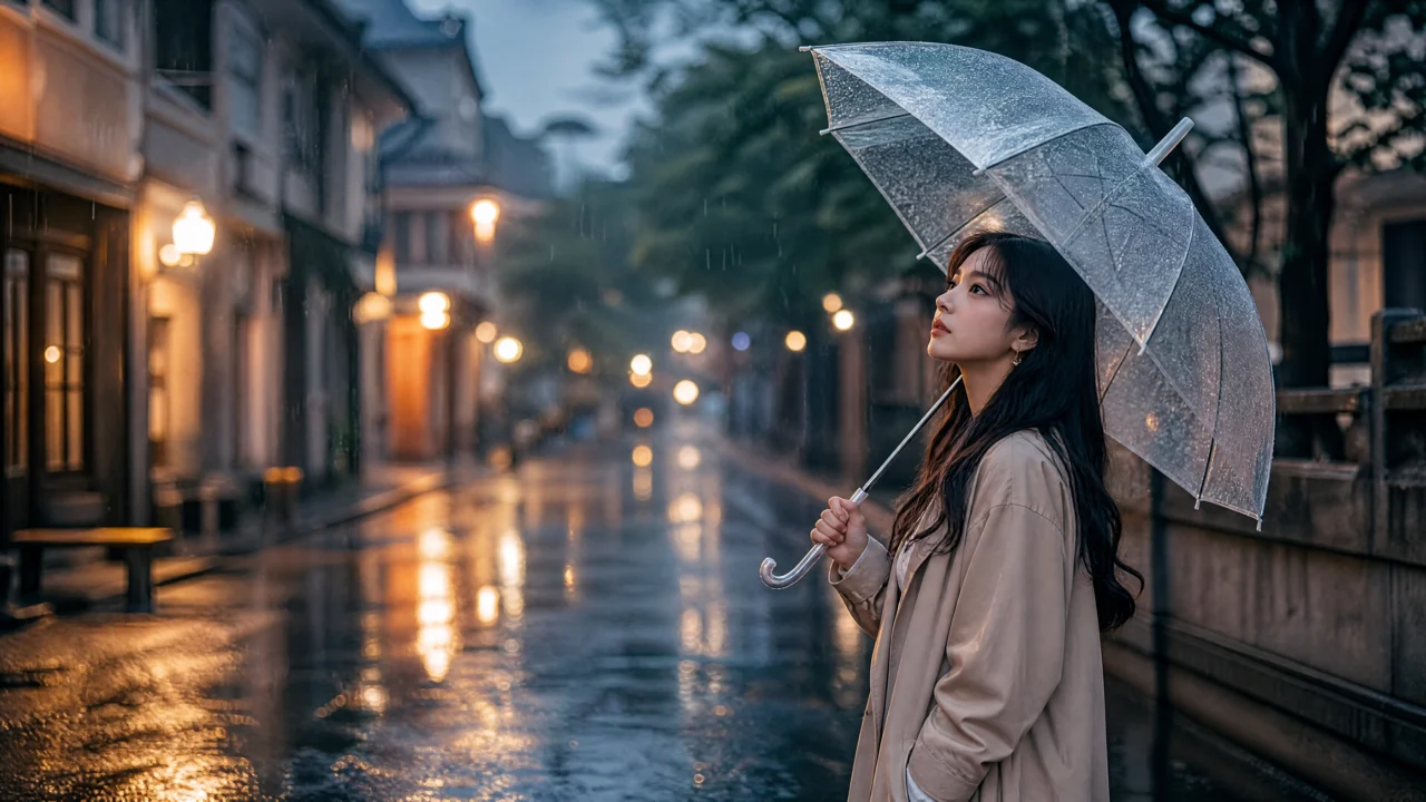 雨中撑伞的女孩桌面壁纸