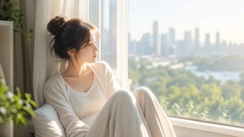 窗边女孩静谧桌面壁纸