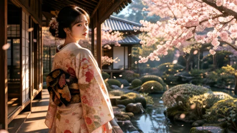 樱花庭院中的和服少女桌面壁纸