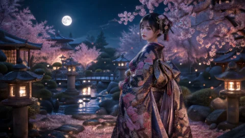 樱花庭院中的和服少女桌面壁纸