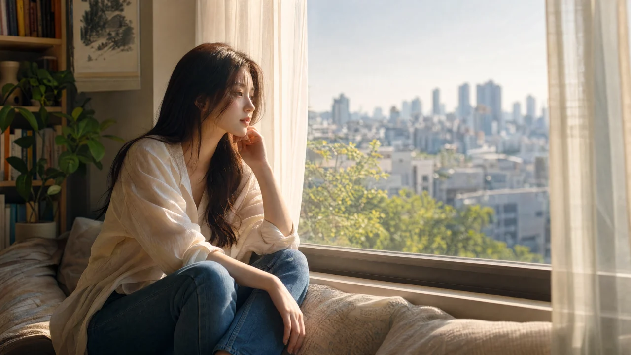 窗边女孩的静谧晨光桌面壁纸