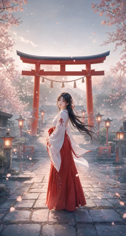 和风巫女神社樱花平板壁纸