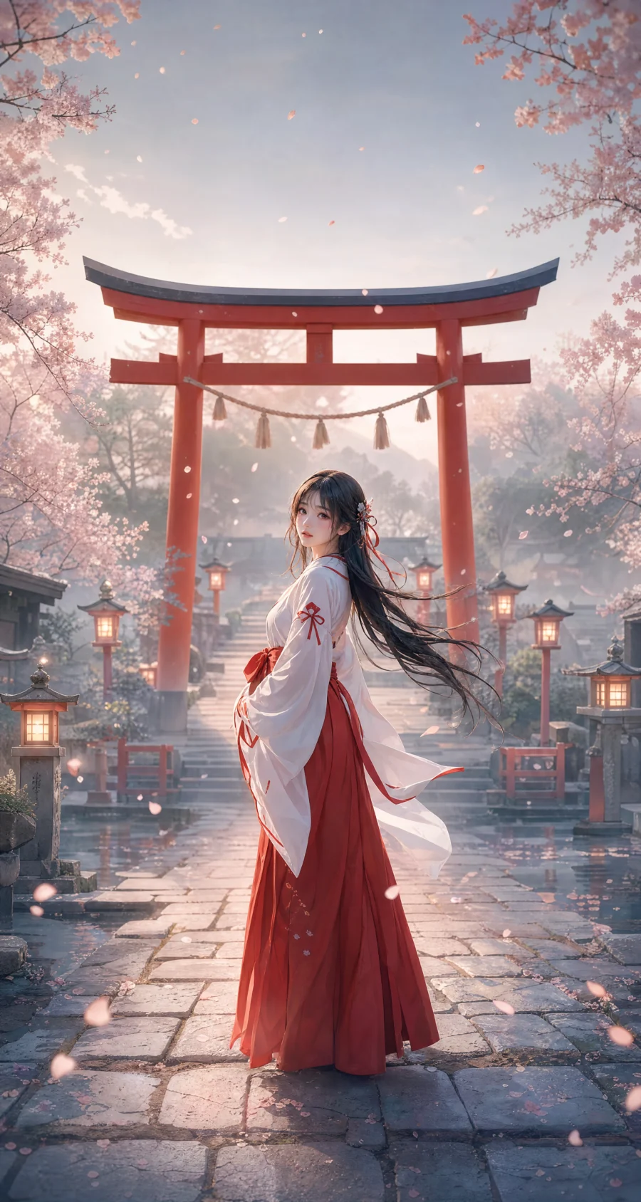 和风巫女神社樱花平板壁纸