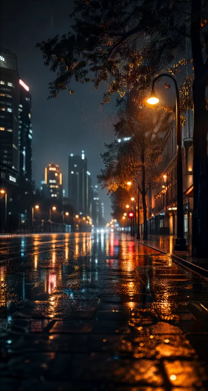 雨夜街道霓虹倒影平板壁纸