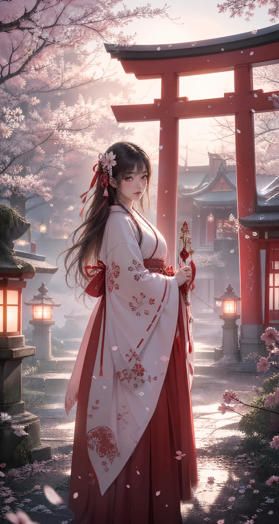 和风巫女神社樱花壁纸