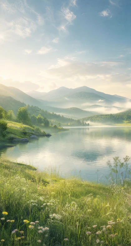 清晨湖畔治愈风景平板壁纸