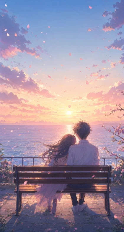 黄昏海边二次元情侣平板壁纸