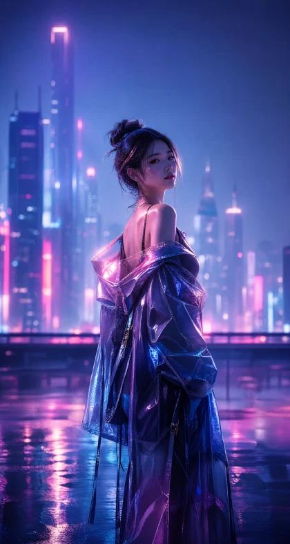 霓虹少女未来都市平板壁纸