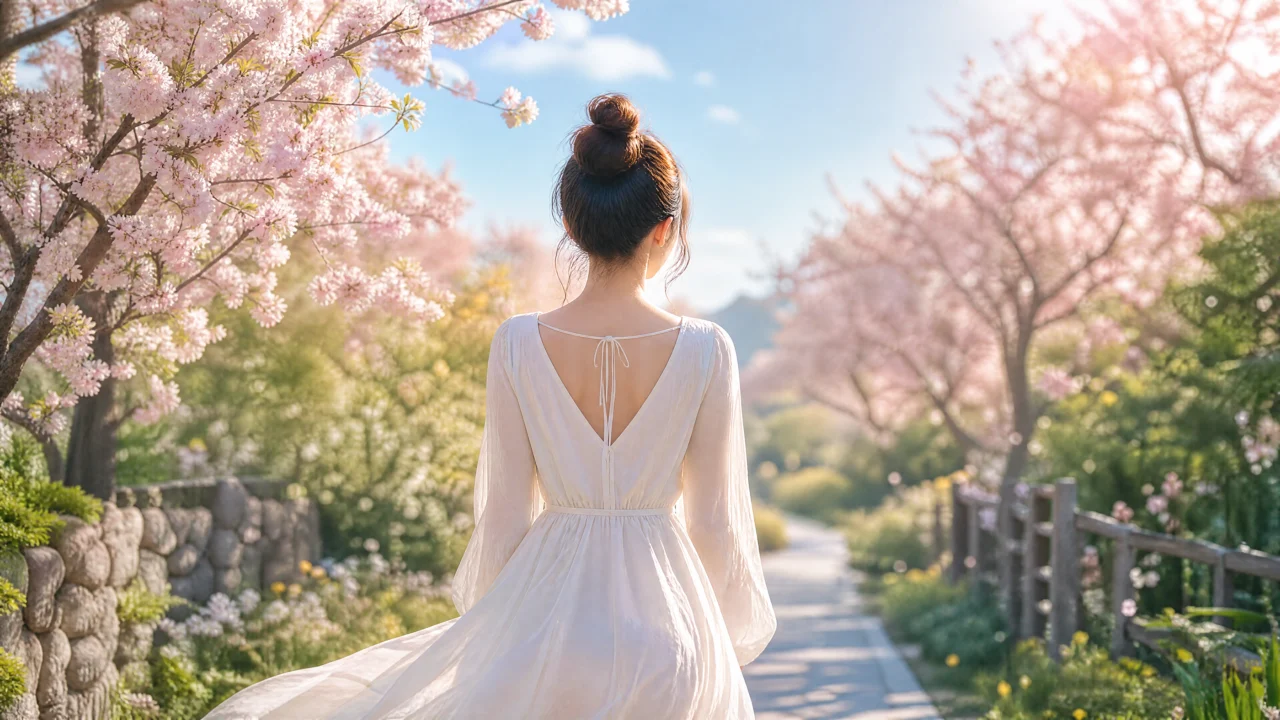 丸子头少女的晨光花园桌面壁纸